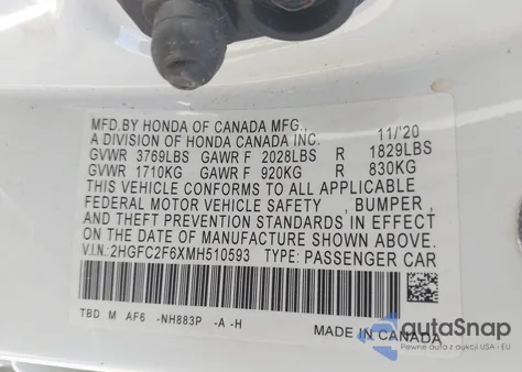 2021 Honda Civic Lx из США, поврежденный, VIN 2HGFC2F6XMH510593